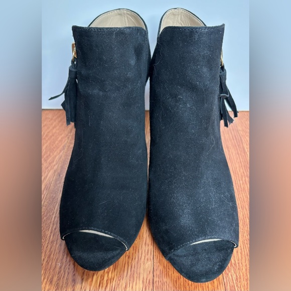 Adrienne Vittadini Av-Gallina Black Suede Open Toe Side Zip Bootie 3 in. Heel - Picture 2 of 7